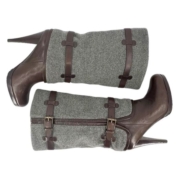 Cole Haan Air Kennedy Buckle Belted Dark Brown Leather Grey Felt Wool Boots 8.5 - Picture 4 of 15